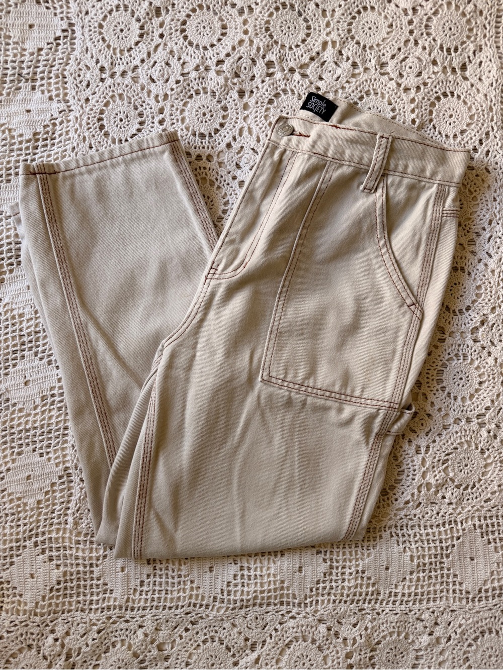 Trendy Cream Utility Pants - Brown Stitch Detail